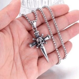 Skull Cross Bones Dagger Sword Cross Stainless Steel Pendant Necklace